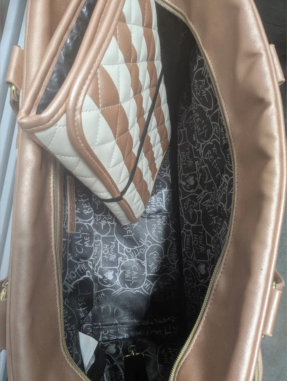 Betsey JOHNSON Rose Gold Quilted Stripe Tote  Diaper Bag with Matching Baby Mat